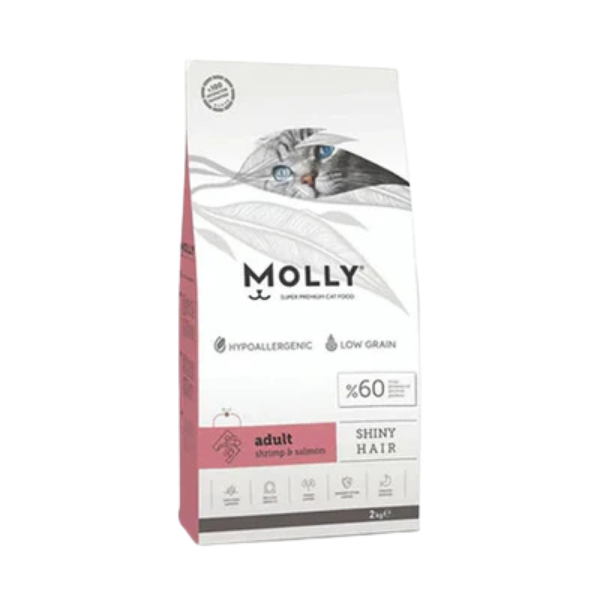 Molly - Shiny Hair - Gamberetti e Salmone - Cibo secco per gatti - 2 kg